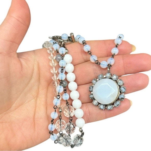 Faceted Opalite & Crystal Boho Bead Necklace with Pendant 18” Toggle Clasp - Picture 5 of 8
